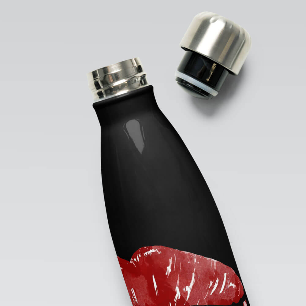 aequel film noir water bottle lips text sandra redlaff black front details cap